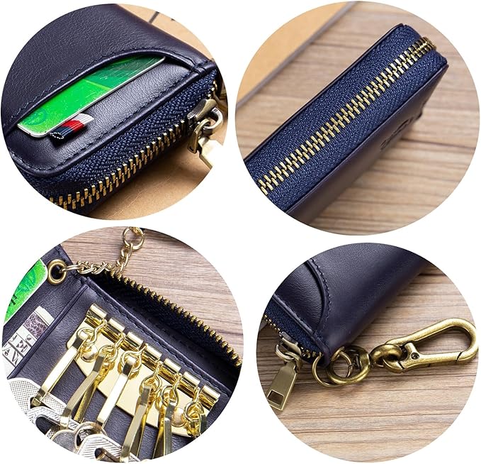 Men's Zipper Key Organizer Rfid Wallet with 6 Hooks Leather Key Holder Case (Blue)