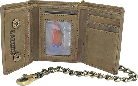Men's RFID Blocking Trifold Vintage Leather Biker Chain Wallet With Snap Closure