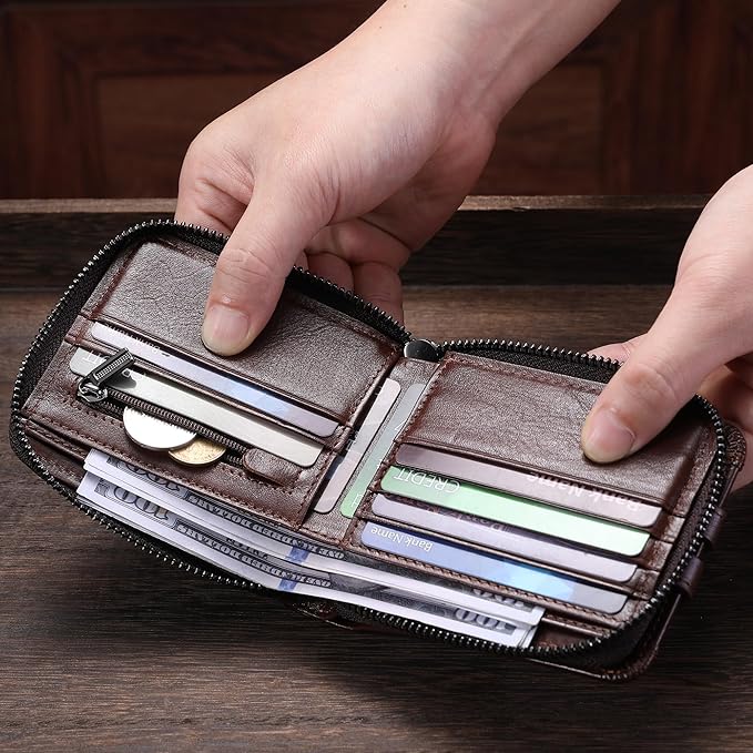 LUKZIJAES Genuine Leather Wallet for Men RFID Blocking Large Capacity Credit Card Vintage Men's wallet Zipper ID Window Coin Pocket (#8-Coffee)