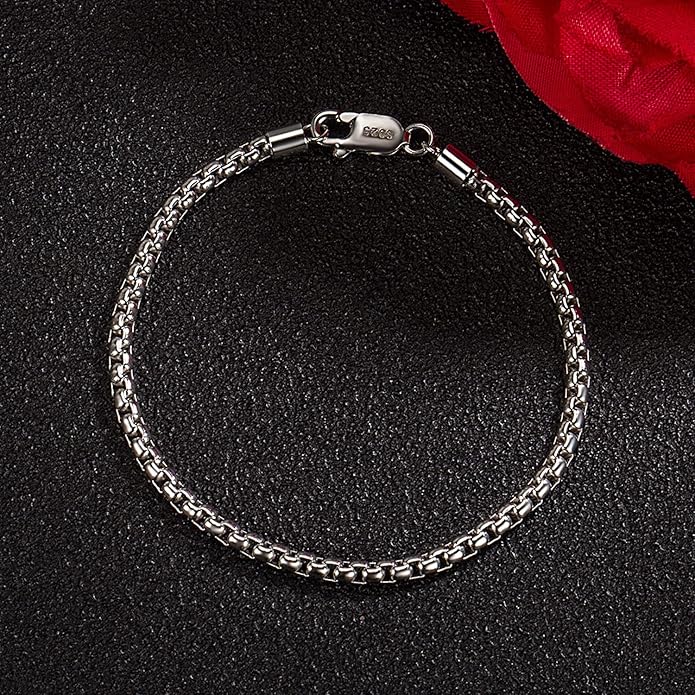 H&Beautimer Solid 925 Sterling Silver - Classic Men's 3MM Box Chain Bracelet - Original Silver Party Jewelry Bracelet 6.3-6.7-7-7.5-8-8.5-9'' - Handmade in Italy