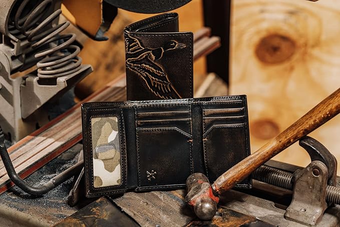 House of Jack Co. Duck Trifold Wallet for Men and Outdoorsmen with Camou Lining, Full Grain Cowhide Leather Wallet, Black