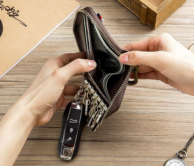 Men's Zipper Key Organizer Rfid Wallet with 6 Hooks Leather Key Holder Case (Dark brown)