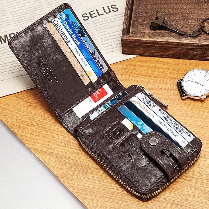 gzcz Zipper Wallet For Men Genuine Leather RFID Blocking Bifold Wallet for ID Window, Zip Coin Pocket and Credit Card Holders Large Capacity (Coffee)