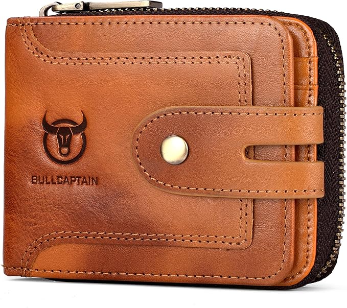 LUKZIJAES Genuine Leather Wallet for Men RFID Blocking Large Capacity Credit Card Vintage Men's wallet Zipper ID Window Coin Pocket (#8-Yellow Brown)