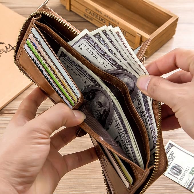 LUKZIJAES Genuine Leather Wallet for Men RFID Blocking Large Capacity Card Case with Zipper ID Window Coin Pocket (#2-Yellow Brown)