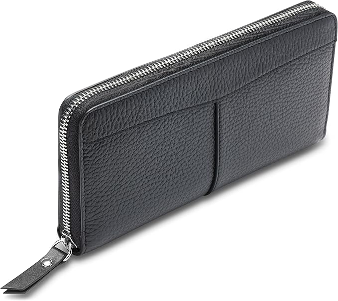 Bosca Womens Wallet - Slim Italian Leather Zip 8" Wallet For Women, Handmade in Italy - 12 Card Pockets, 2 Bill/Phone Pockets, Zipper Coin Pocket, Black