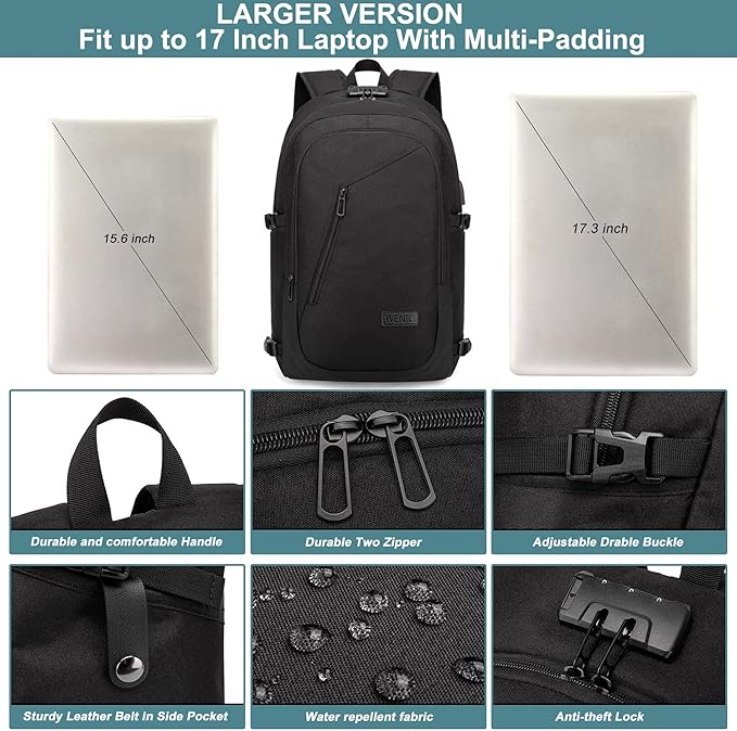 17.3 Inch Laptop Backpack,Large Travel Laptop Bag with USB Charging Port, Anti Theft Water Resistant Business Backpack for Men and Women, Durable Big Capacity Heavy Duty Computer Bag,Black