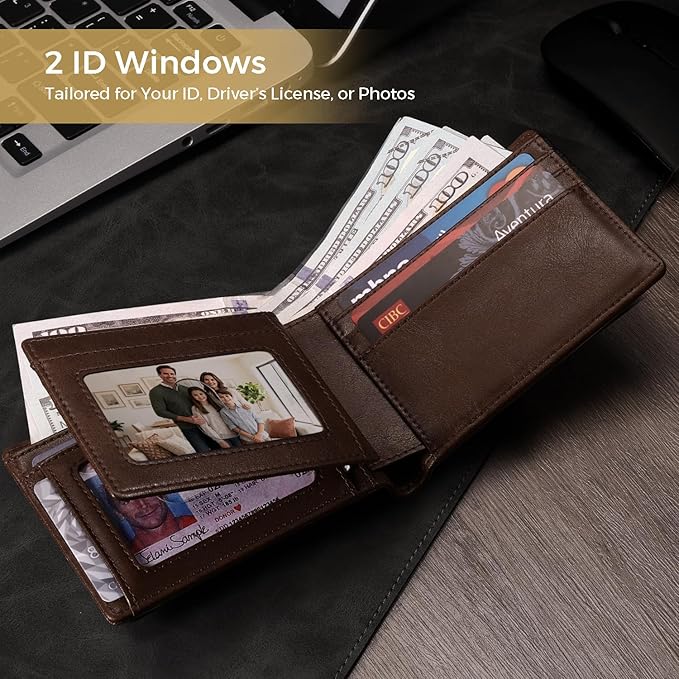 RUNBOX Wallet for Men Bifold RFID Blocking Wallets with 2 ID Window 14 Card Holders 1 cash pocket 1 Gift Box