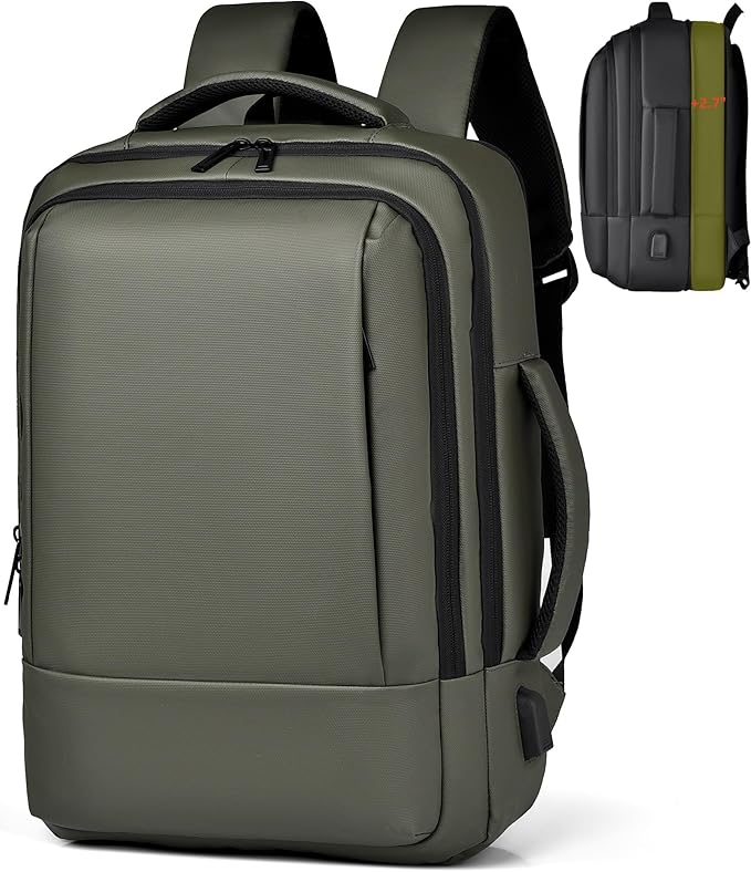17/15.6" Business laptop backpack, PU Travel laptop backpack,carry on backpack, Expandable laptop backpack Men,college backpack (02#updated, Green)