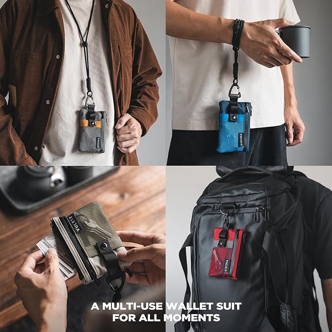 VULKIT Small Minimalist Wallet for Women and Men RFID Blocking, Zipper Coin Pouch with ID Window and Keychain, Water Resistant Travel Lanyard Wallet Blue