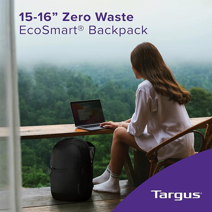 Targus Laptop Backpack Zero Waste EcoSmart Work Travel Backpack for Men Women Eco Friendly with Laptop Protection Made From 20 Recycled Water Bottles, Black (TBB641GL)