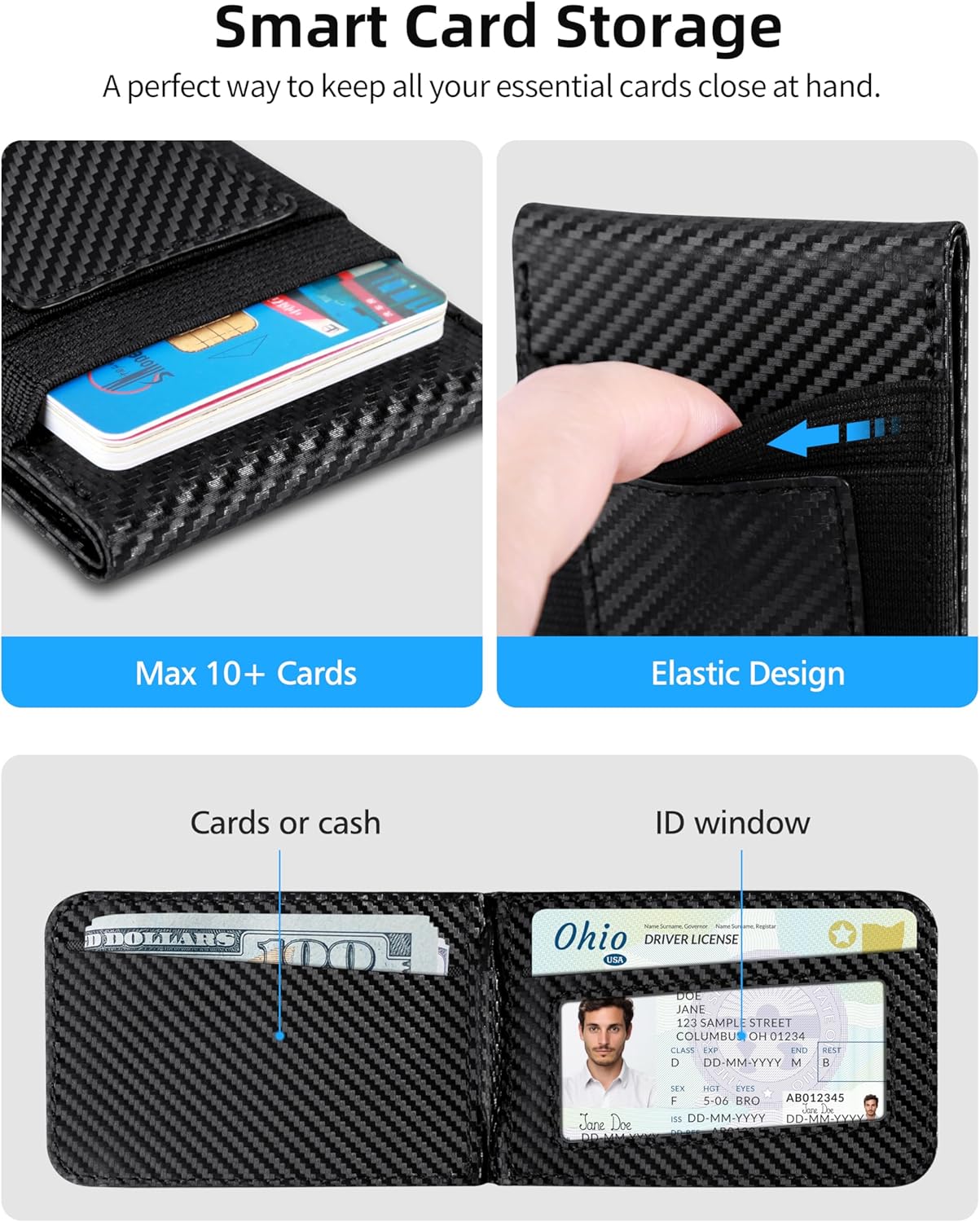 For Magsafe Wallet Stand, Strongest Magnetic Wallet for iPhone 17/16/15/14/13/12 Series, ID Window, 4 Card Slots, Fit 9 Cards, Vegan Leather, RFID Blocking, Black Carbon Fiber