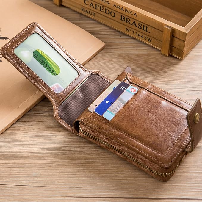 LUKZIJAES Genuine Leather Wallet for Men RFID Blocking Large Capacity Card Case with Zipper ID Window Coin Pocket (#2-Yellow Brown)