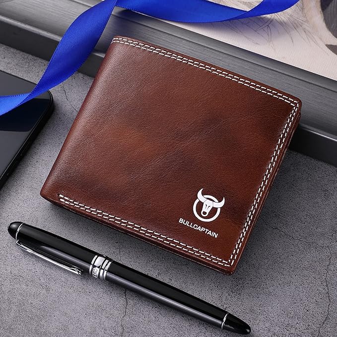 LUKZIJAES Genuine Leather Wallet for Men RFID Blocking Slim Bifold Front Pocket Wallets with 2 ID Window (#3-Coffee)