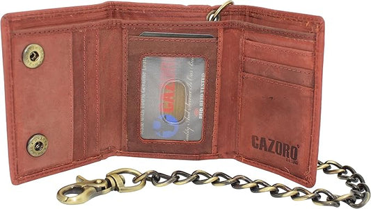 Men's RFID Blocking Trifold Vintage Leather Biker Chain Wallet With Snap Closure