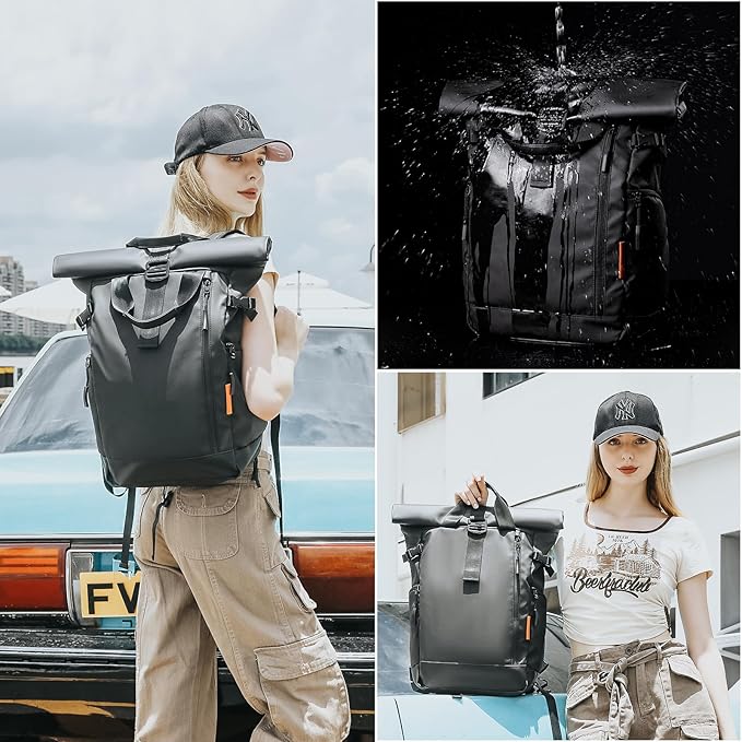 Roll Top Travel Backpack for Men and Women 15.6 Inch 20-25L Expandable Water-Resistant Commuter Casual Daypack Laptop Backpack for Work Business College