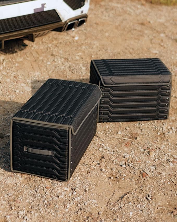 Owleys Car Caddy Organizer Set - 17.7" + 21.6" SUV Trunk Organizer Bundle For Road Trips, Groceries & Tools - Foldable Crates With Magnetic Lids - Stylish Gift For Men - Black Highway