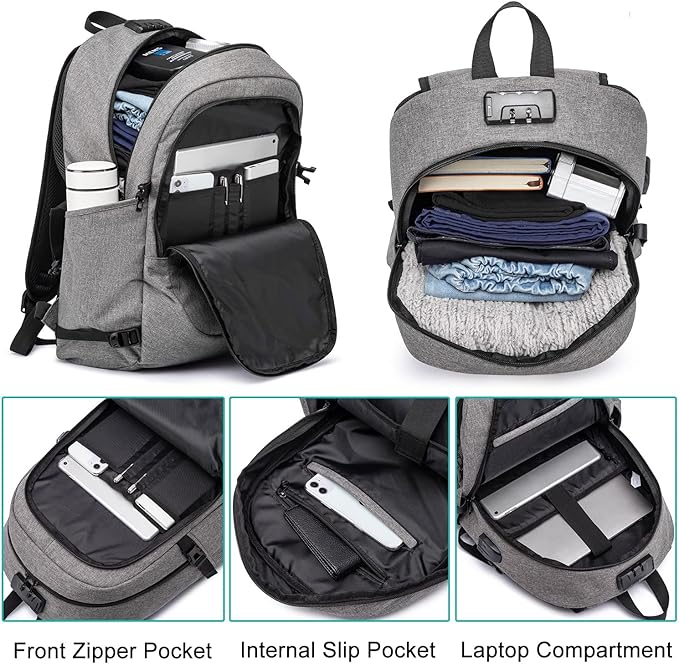 Large Travel Laptop Backpack Water Resistant Anti-Theft 17inch Laptop Bag with USB Charging Port and Lock,Big Business Backpack for Men and Women, Durable Big Capacity Heavy Duty Computer Bag,Grey