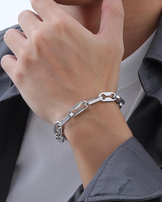 VNOX Link Chain Bracelets for Men - Cool Mens Bracelets Diamond-Cut Paperclip Solid Chain Bracelet Chunky Stainless Steel Jewelry Trendy Gifts