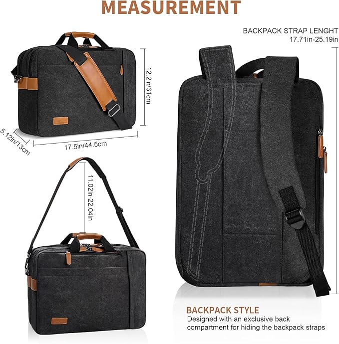 ESTARER 3 In 1 Laptop Bag for Men, 17-17.3 Inch Computer Bag Laptop Backpack for Work/Travel/Business, Convertible Briefcase Water resistant Canvas Messenger Backpack (Dark Grey)