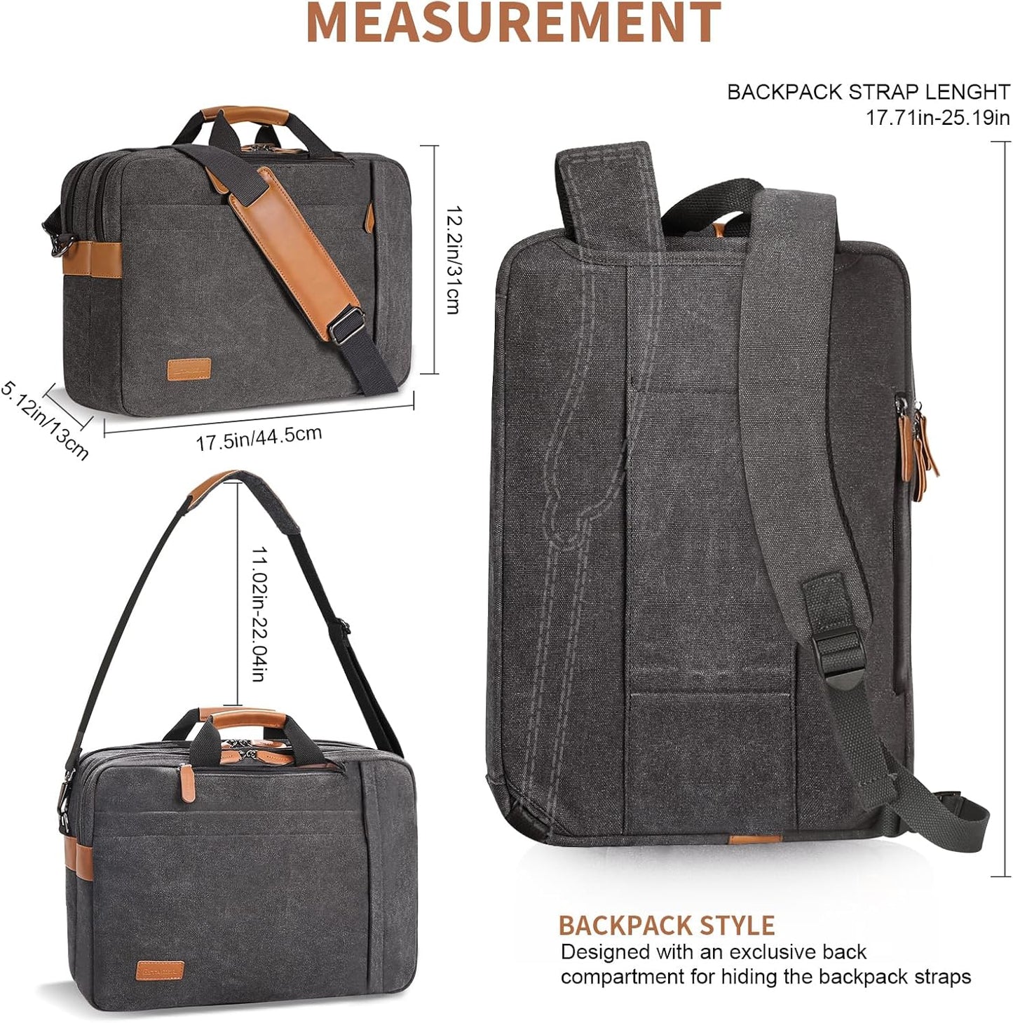 ESTARER Laptop Computer Bag for Men 3 In 1, 17-17.3 Inch Laptop Messenger Bag for Business/Work/Travel, Convertible Backpack Briefcase Water resistant Canvas Laptop Backpack (Grey)