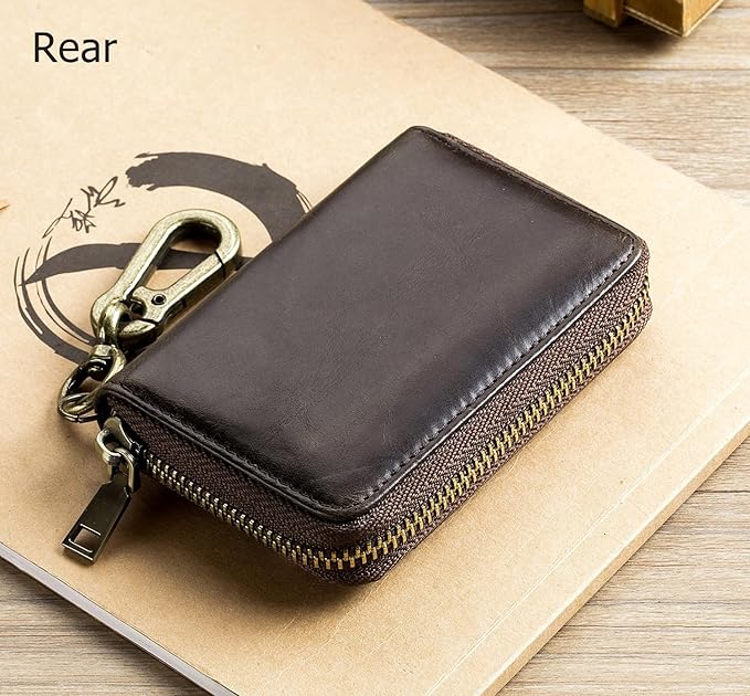 Men's Zipper Key Organizer Rfid Wallet with 6 Hooks Leather Key Holder Case (Dark brown)
