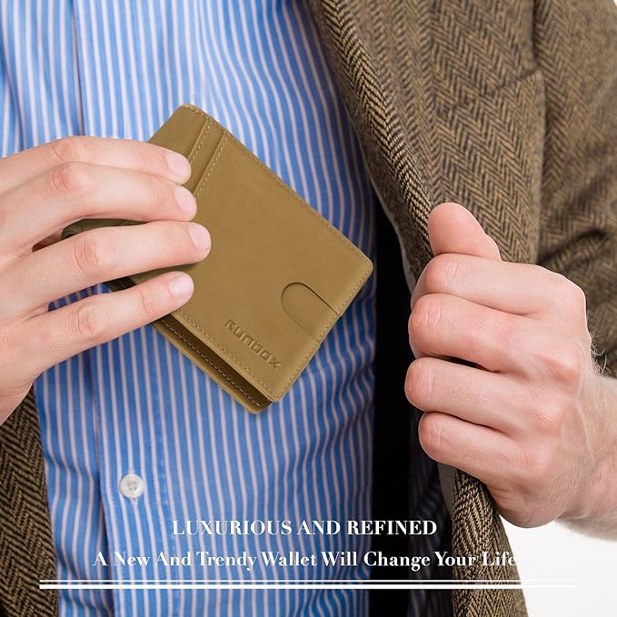 RUNBOX Wallet for Men Slim Rfid Leather 2 ID Window With Gift Box