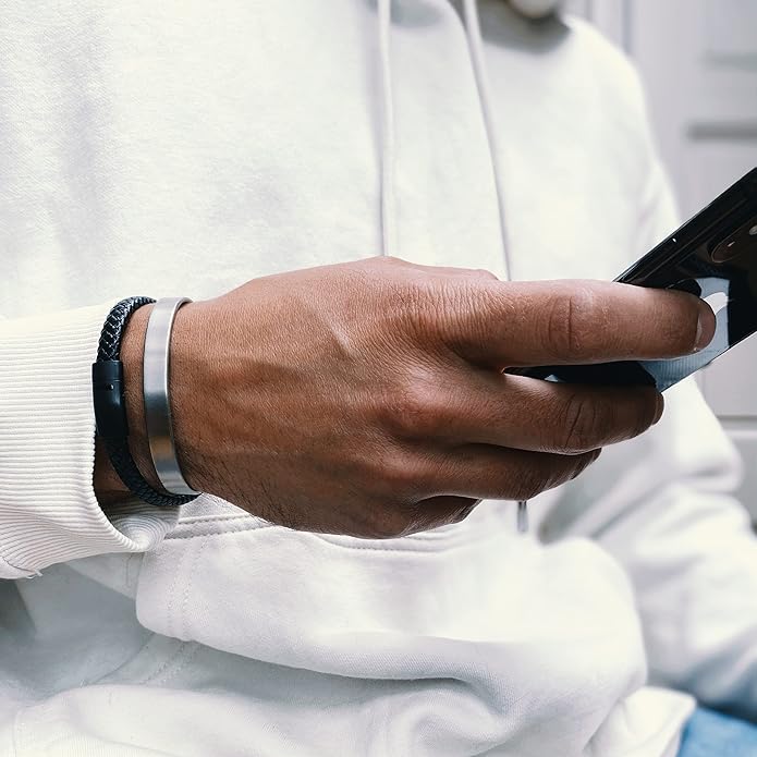 LUXAR Men’s Genuine Leather Bracelet | Interwoven Black Leather Bracelets with Brush Stainless Steel Clasp | Minimalist, Designer Jewelry for Men