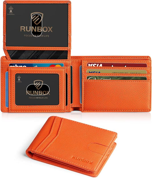 RUNBOX Wallet for Men Slim Rfid Leather 2 ID Window With Gift Box