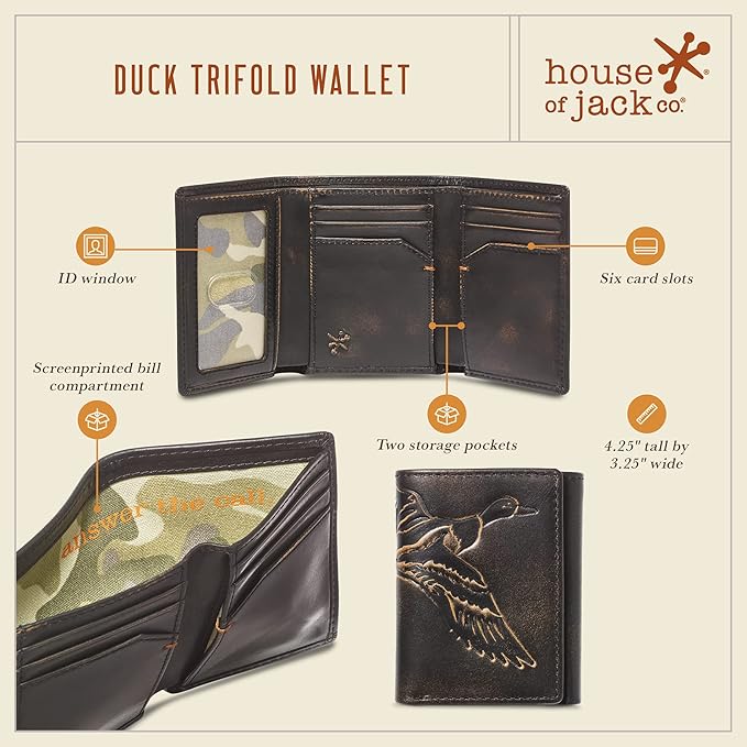 House of Jack Co. Duck Trifold Wallet for Men and Outdoorsmen with Camou Lining, Full Grain Cowhide Leather Wallet, Black