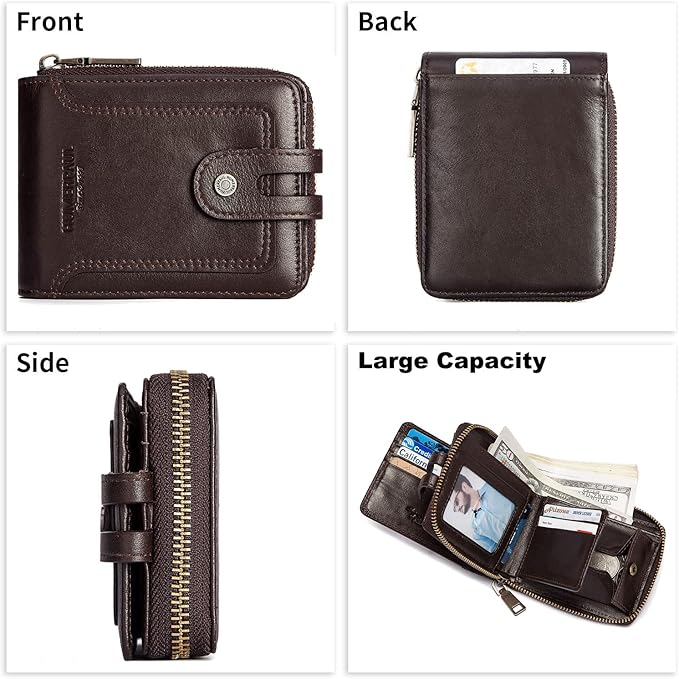 gzcz Zipper Wallet For Men Genuine Leather RFID Blocking Bifold Wallet for ID Window, Zip Coin Pocket and Credit Card Holders Large Capacity (Coffee)