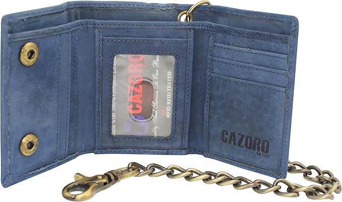 Men's RFID Blocking Trifold Vintage Leather Biker Chain Wallet With Snap Closure