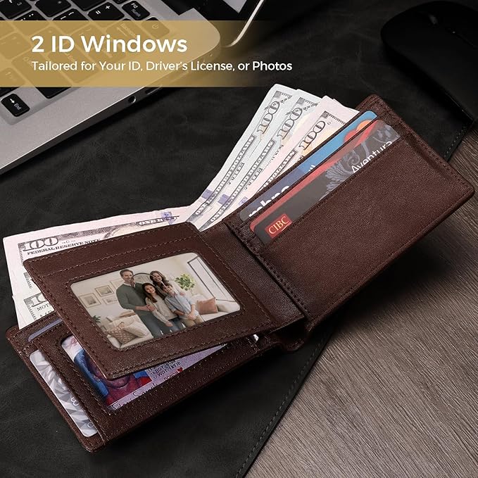 RUNBOX Wallet for Men Bifold RFID Blocking Wallets with 2 ID Window 14 Card Holders 1 cash pocket 1 Gift Box