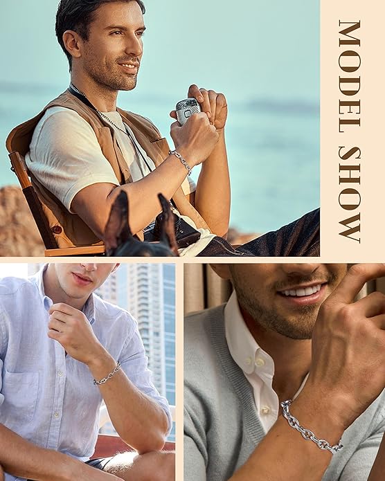 VNOX Link Chain Bracelets for Men - Cool Mens Bracelets Diamond-Cut Paperclip Solid Chain Bracelet Chunky Stainless Steel Jewelry Trendy Gifts