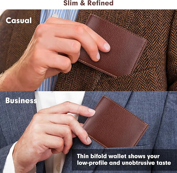 luseyfj Mens Slim Bifold Wallet with ID Clear Window & 6 Credit Card Slots, Minimalist Handmade Bifold Wallets for Men, Thin Card Credit Holder Wallet for Men - Slim & Stylish (Cognac)