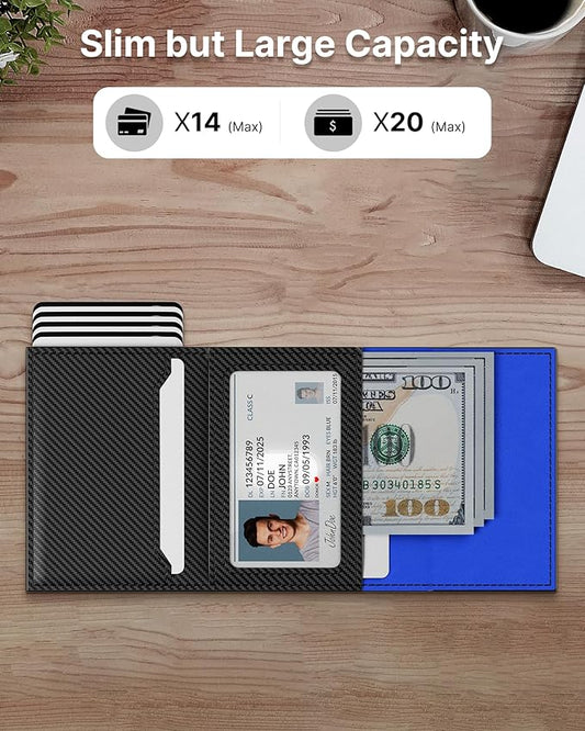 typecase Mens Wallet Card Holder: Pop Up Aluminum Case, Genuine Leather, Smart, RFID Blocking, Slim, Minimalist, Front Pocket - 9-14 Card Capacity | ID Window | Cash Slot (Carbon Fiber Navy)
