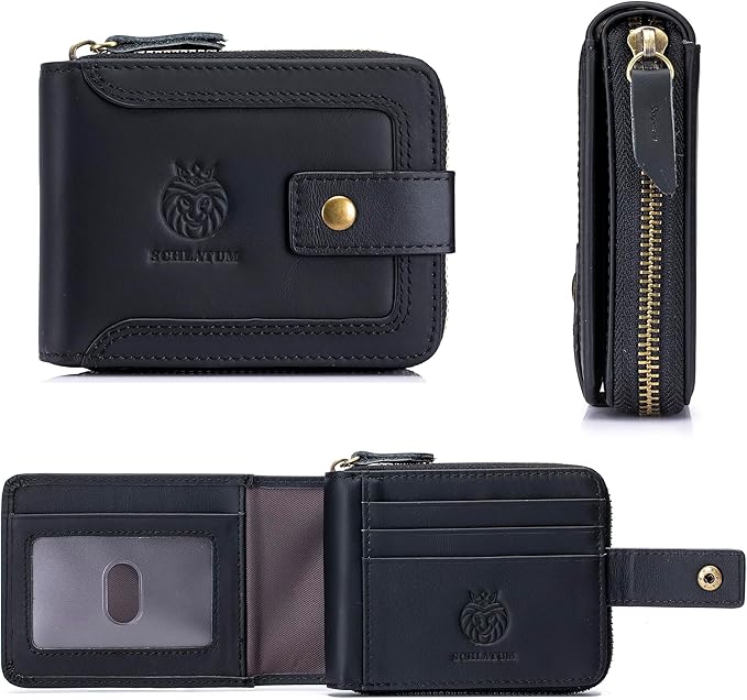 LUKZIJAES Genuine Leather Men's Wallets RFID Blocking Large Capacity Credit Card Vintage Wallet for Men with Coin Pocket Zipper ID Window (#9-Black)