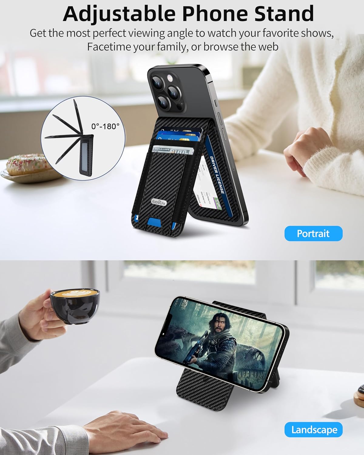 For Magsafe Wallet Stand, Strongest Magnetic Wallet for iPhone 17/16/15/14/13/12 Series, ID Window, 4 Card Slots, Fit 9 Cards, Vegan Leather, RFID Blocking, Black Carbon Fiber