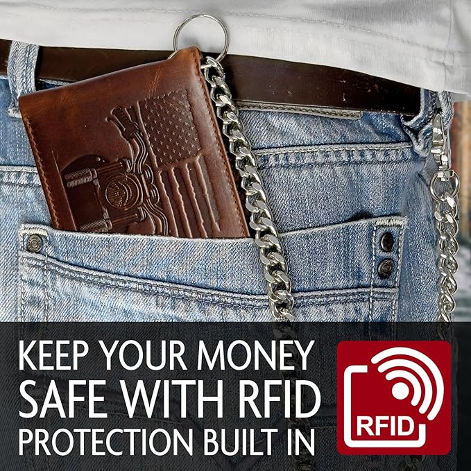 MID WEST RANGE Patriotic Biker Bifold Wallet with Chain for Men – Distressed Brown Leather, RFID-Blocking with 10 Card Slots, Flip-Out ID Holder, Embossed American Flag and Motorcycle Design