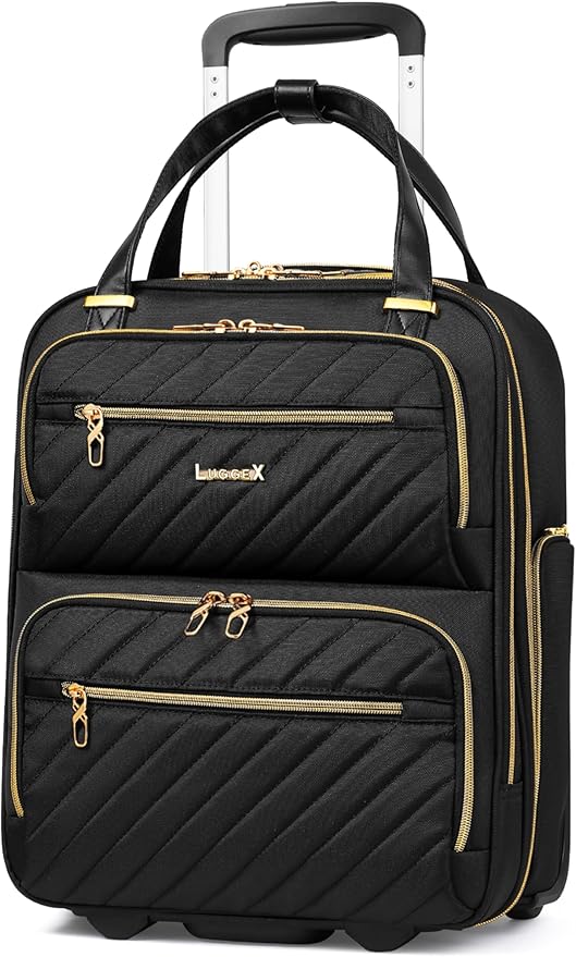 LUGGEX Underseat Carry On Luggage with Wheels, Stylish Lightweight Under Seat Luggage, Soft Sided Personal Item Suitcase for Short Trip (Black, 16 Inch)