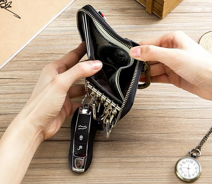 Men's Zipper Key Organizer Rfid Wallet with 6 Hooks Leather Key Holder Case (Black)