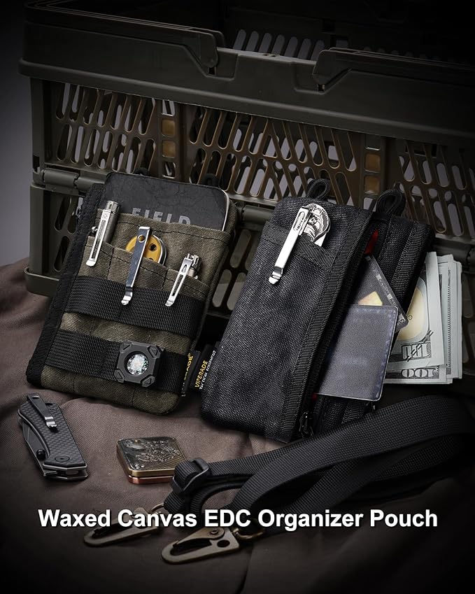 VIPERADE VE16N-OW Waxed Canvas Zipper Wallet, Minimalist with 5 Pockets, 2 Zipper Slim Pocket Multitool Pouch for Everyday Carry (Black)