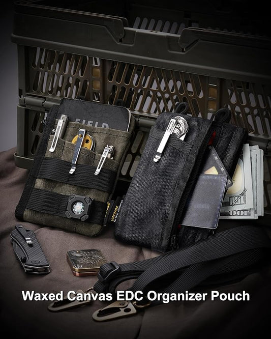 VIPERADE VE16N-OW Waxed Canvas Zipper Wallet, Minimalist with 5 Pockets, 2 Zipper Slim Pocket Multitool Pouch for Everyday Carry (Black)