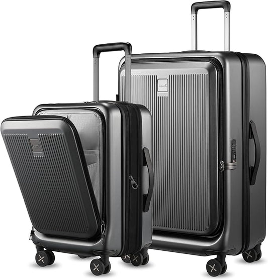 LUGGEX Luggage Sets 2 Piece, 20 Inch Carry On Luggage with USB Port and 28 Inch Checked Luggage with Front Opening, Expandable Suitcase TSA Approve (Black, 20/28)