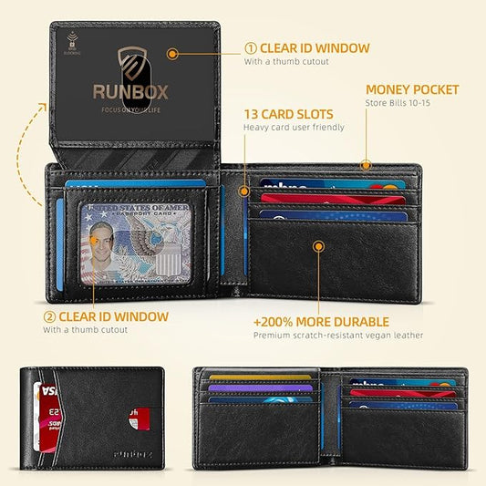 RUNBOX Wallet for Men Slim Rfid Leather 2 ID Window With Gift Box