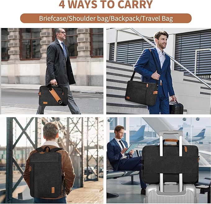 ESTARER 3 In 1 Laptop Bag for Men, 17-17.3 Inch Computer Bag Laptop Backpack for Work/Travel/Business, Convertible Briefcase Water resistant Canvas Messenger Backpack (Dark Grey)