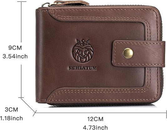 LUKZIJAES Genuine Leather Men's Wallets RFID Blocking Large Capacity Credit Card Vintage Wallet for Men with Coin Pocket Zipper ID Window (#9-Coffee)