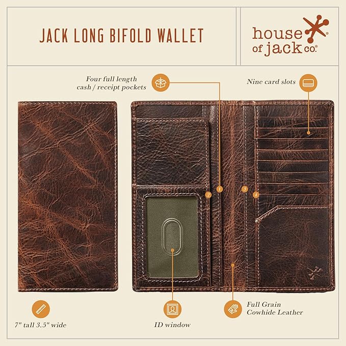 House of Jack Co. Jack Long Bifold Wallet for Men and Outdoorsmen, Full Grain Cowhide Leather Rodeo Wallet, Brown