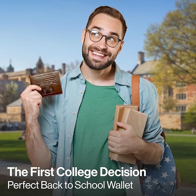 MID WEST RANGE Patriotic Biker Bifold Wallet with Chain for Men – Distressed Brown Leather, RFID-Blocking with 10 Card Slots, Flip-Out ID Holder, Embossed American Flag and Motorcycle Design