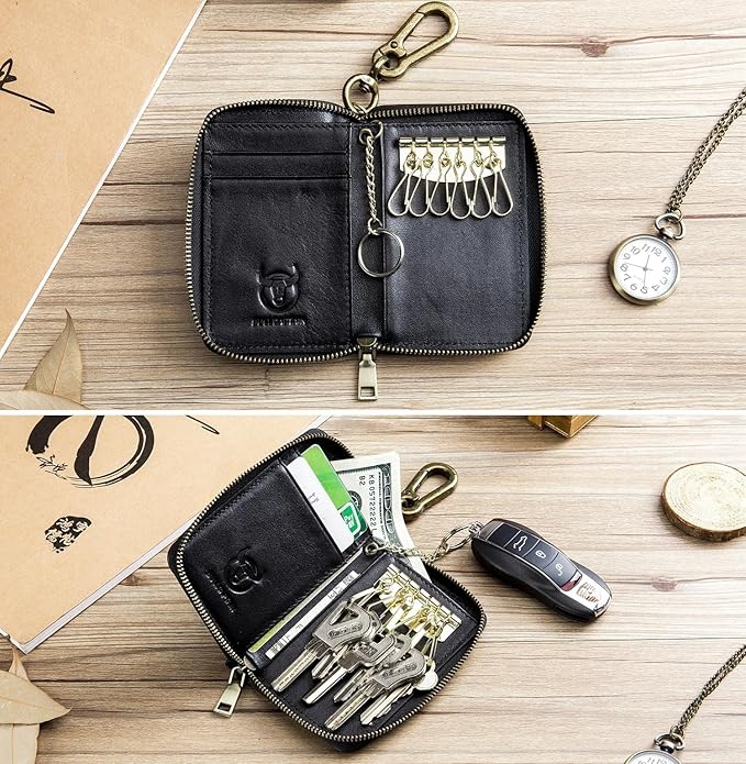 Men's Zipper Key Organizer Rfid Wallet with 6 Hooks Leather Key Holder Case (Black)